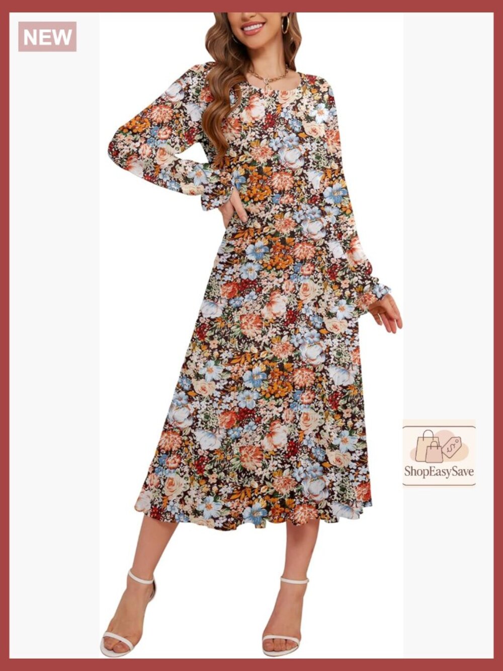 Boho Floral Midi Dress Long Sleeve Tiered Chiffon Smocked Elegant Casual